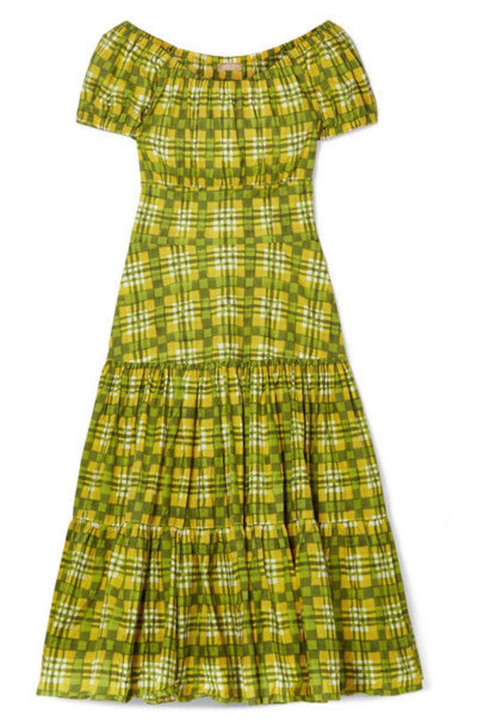 Michael Kors Collection - Off-the-shoulder Checked Tiered Cotton-poplin Midi Dress - Lime green