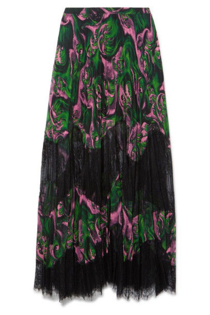 McQ Alexander McQueen - Pleated Printed Georgette And Lace Maxi Skirt - Green