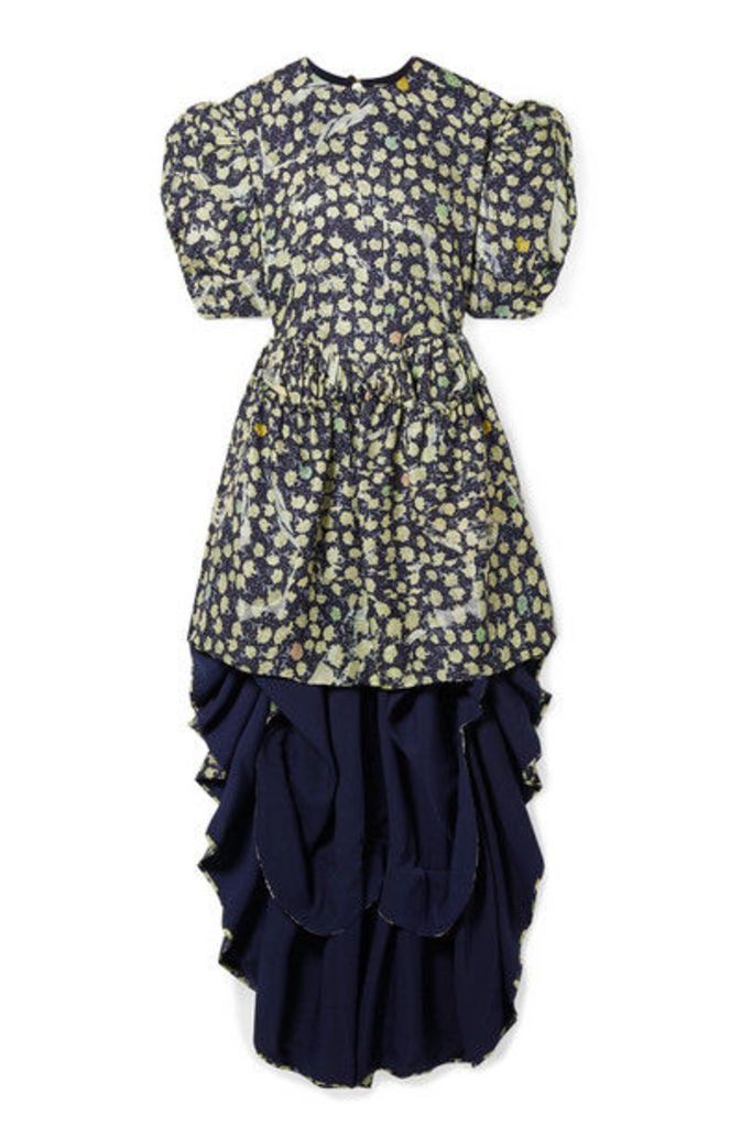 Preen by Thornton Bregazzi - Sammie Asymmetric Satin-trimmed Printed Silk-blend Jacquard Mini Dress - Navy