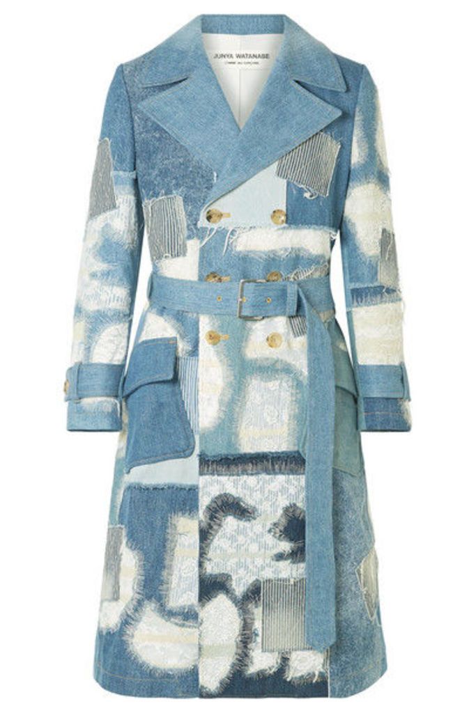 Junya Watanabe - Lace-trimmed Double-breasted Patchwork Denim Coat - Blue
