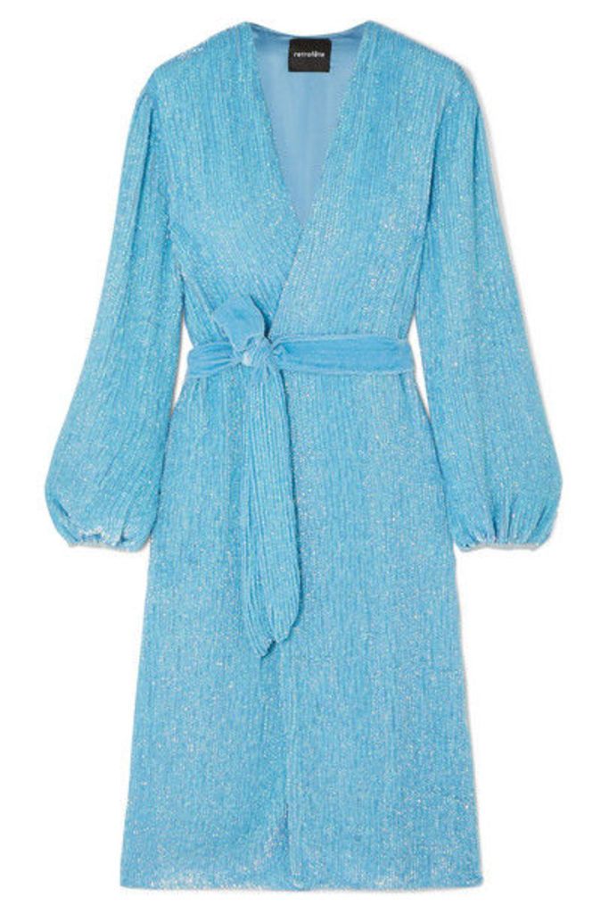 Retrofête - Audrey Velvet-trimmed Sequined Chiffon Wrap Dress - Blue