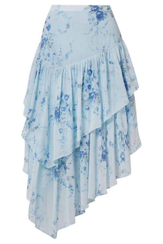 LoveShackFancy - Rowan Asymmetric Tiered Floral-print Silk-georgette Skirt - Light blue