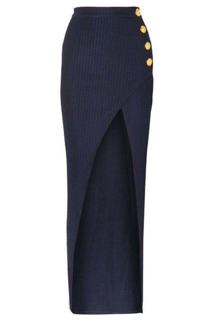 Balmain - Wrap-effect Button-embellished Ribbed Jersey Skirt - Navy