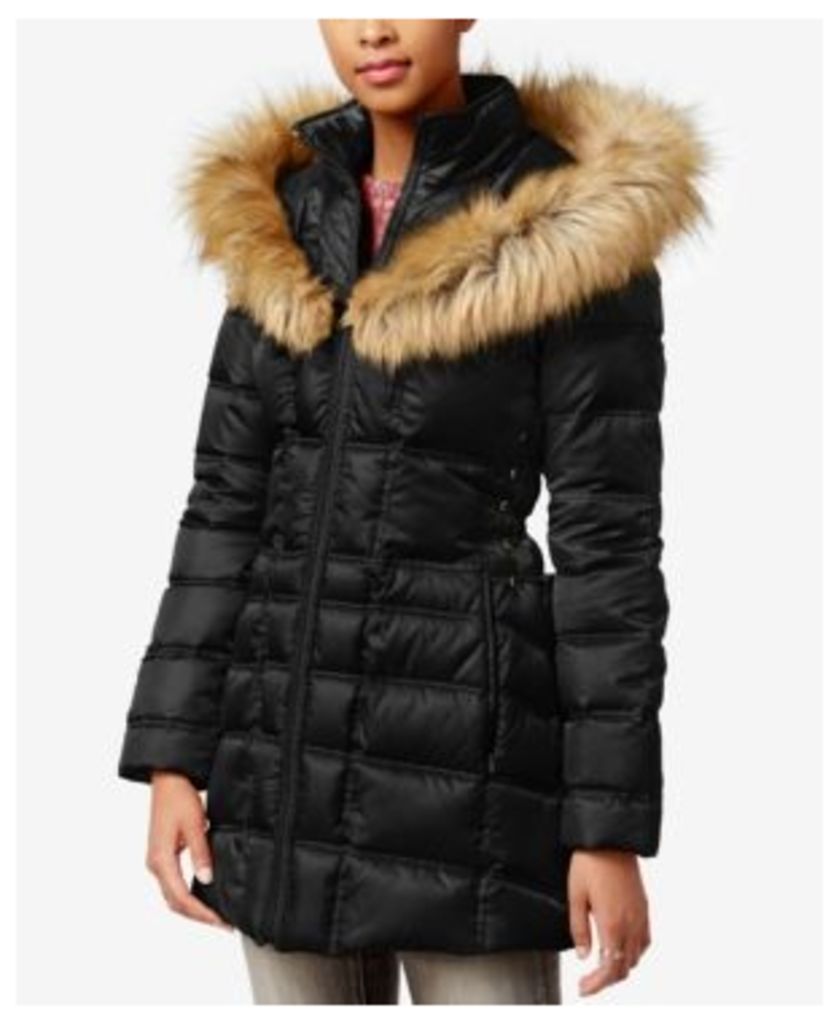 Betsey Johnson Faux-Fur-Trim Hooded Lace-Up Puffer Coat