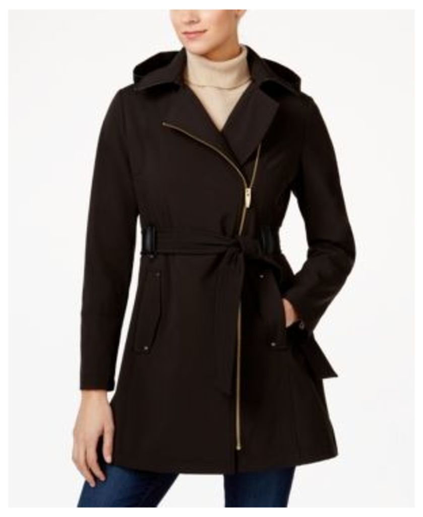 Via Spiga Hooded Water-Resistant Faux-Leather-Trim Asymmetrical Coat