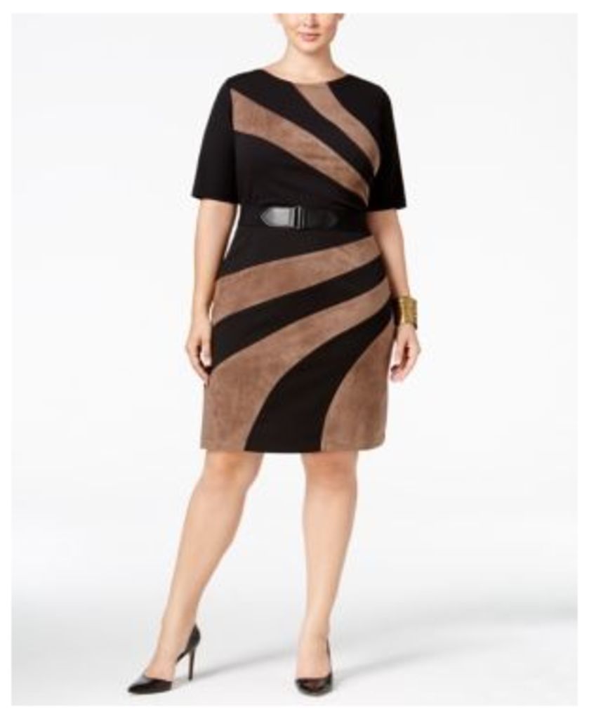 Connected Plus Size Belted Faux-Suede Sheath Dress