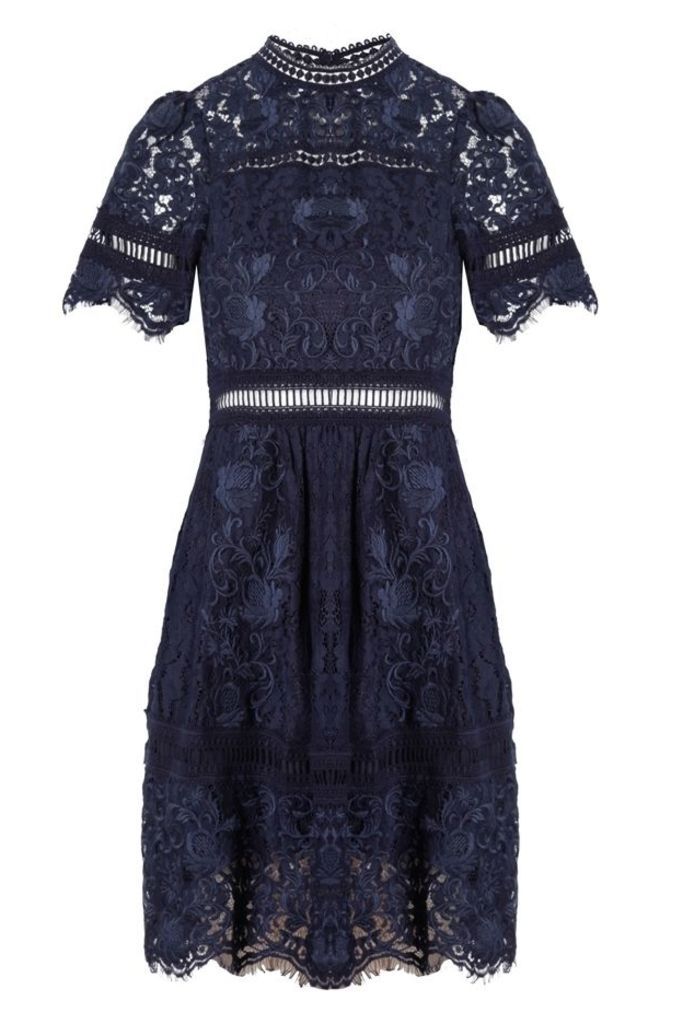 Puff Sleeve Embroidery Lace Dress Navy