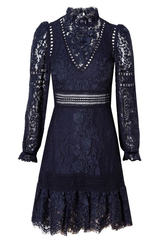 Long Sleeve Lace Embroidered Dress Navy