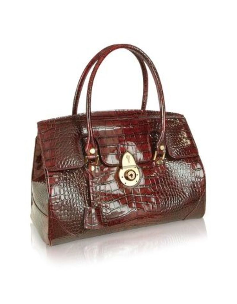 Designer Handbags, Ruby Red Croco Stamped Patent Leather Satchel Bag