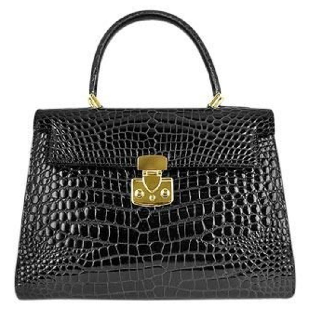 Designer Handbags, Shiny Black croco-style Leather Handbag