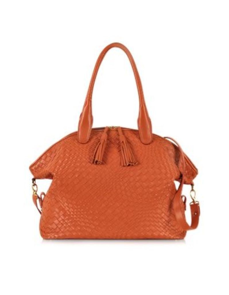 Designer Handbags, Orange Woven Leather Bowler Bag