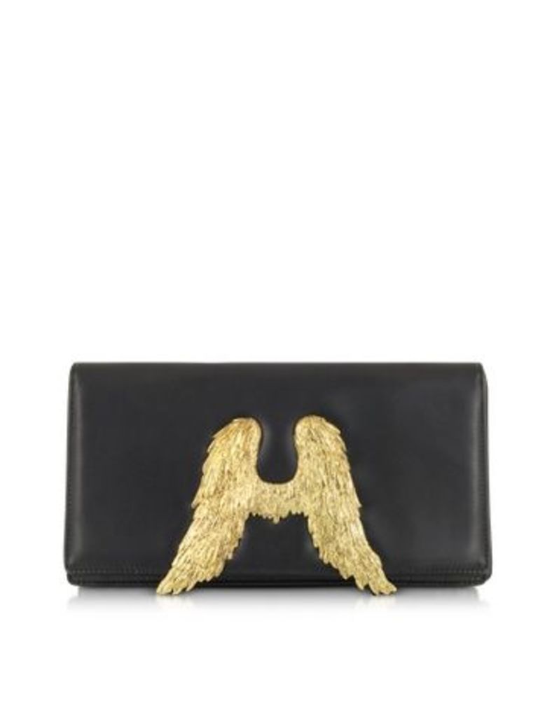 Designer Handbags, Black Nappa Leather Clutch w/Angel Wings