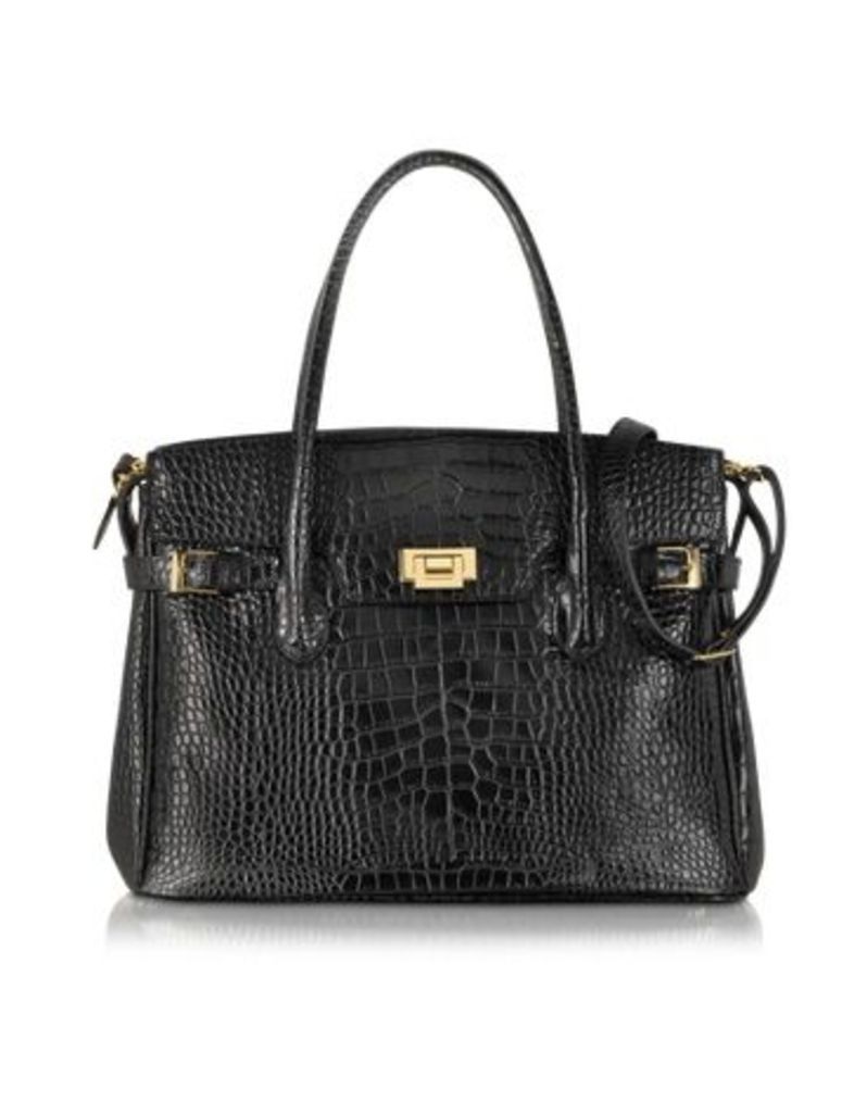 Designer Handbags, Shiny Black Croco Embossed Leather Tote