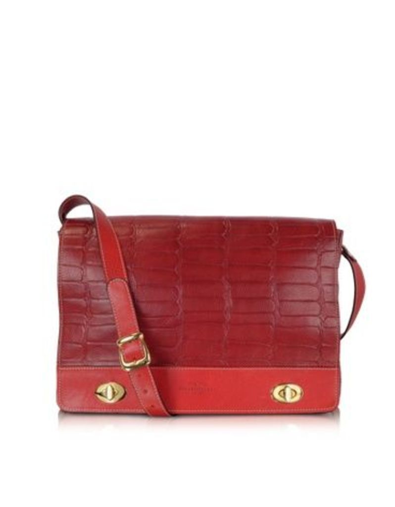 Designer Handbags, Burgundy and Red Croco Stamped Italian Leather Shoulder Bag