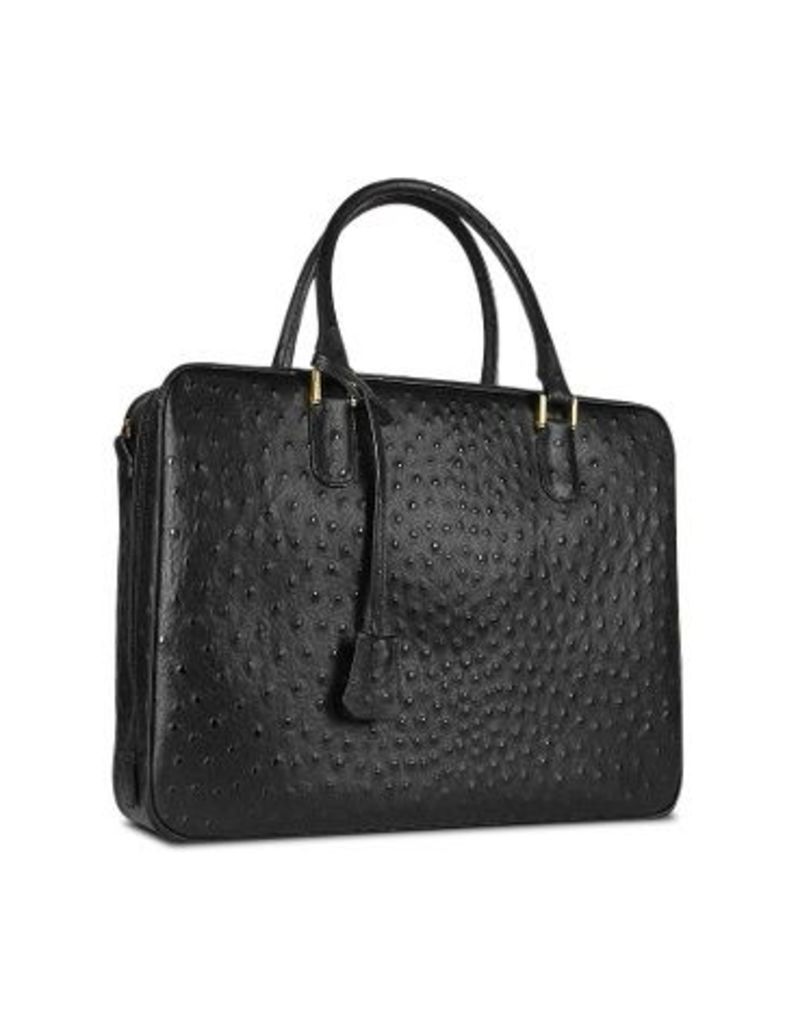 Designer Briefcases, Black Ostrich Stamped Leather Briefcase