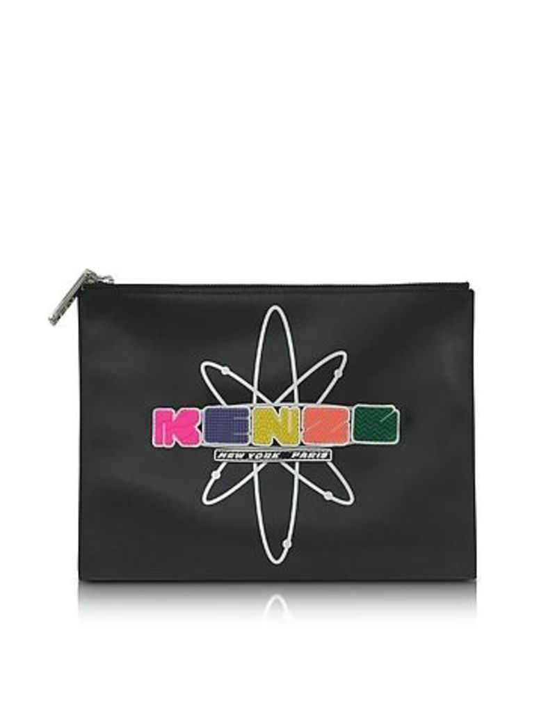 Kenzo Handbags, Black Leather Nasa Clutch w/Embossed Rubberized Logo