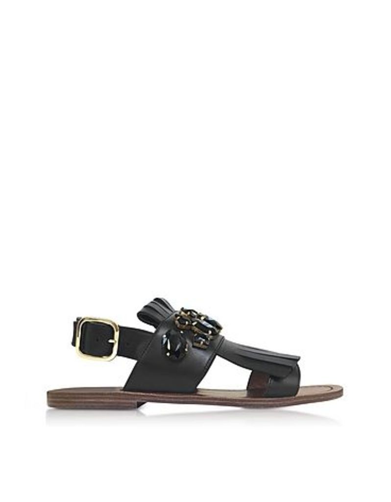 Marni - Black Leather Fringed Flat Sandals