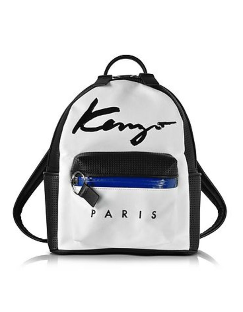 Kenzo - Kenzo Paris Signature White Canvas and Black Perforated Eco Leather Small Backpack