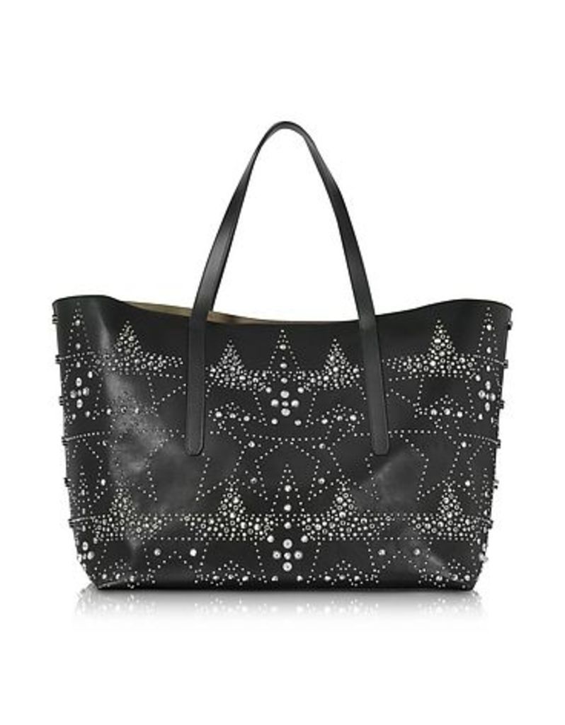 Jimmy Choo Handbags, Pimlico Rock Black Leather Large Tote w/Graphic Star Studded Embellishment