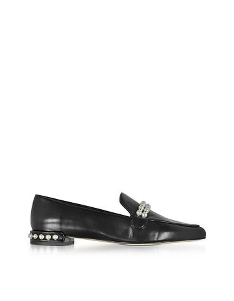 Stuart Weitzman Shoes, Guam Black Nappa Leather Loafers w/Pearls