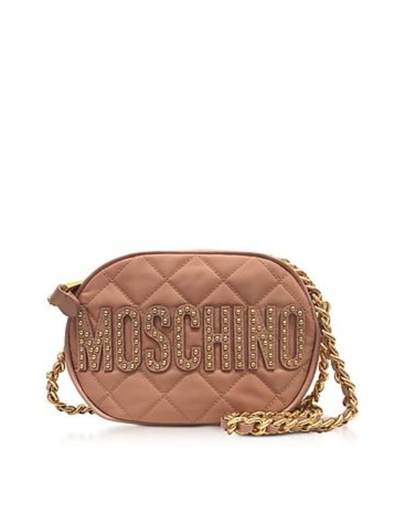 Moschino Handbags, Pink Nylon Quilted Oval Crossbody Bag w/Studs Logo