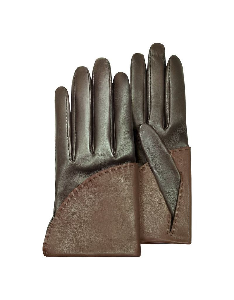 Pineider Designer Women's Gloves, Women's Two-Tone Brown Short Nappa Gloves w/ Silk Lining