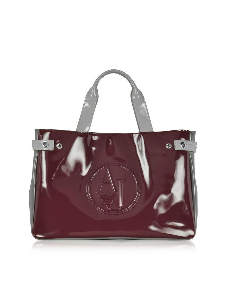 Armani Jeans Handbags, Large Burgundy, Taupe and Light Gray Faux Patent Leather Tote Bag
