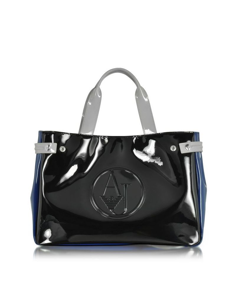 Armani Jeans Handbags, Large Black, Blue and Light Gray Faux Patent Leather Tote Bag