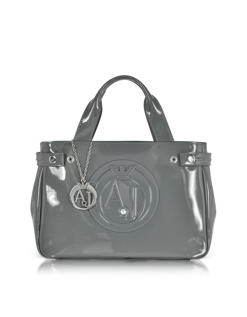 Armani Jeans Handbags, Medium Gray Faux Patent Leather Tote Bag