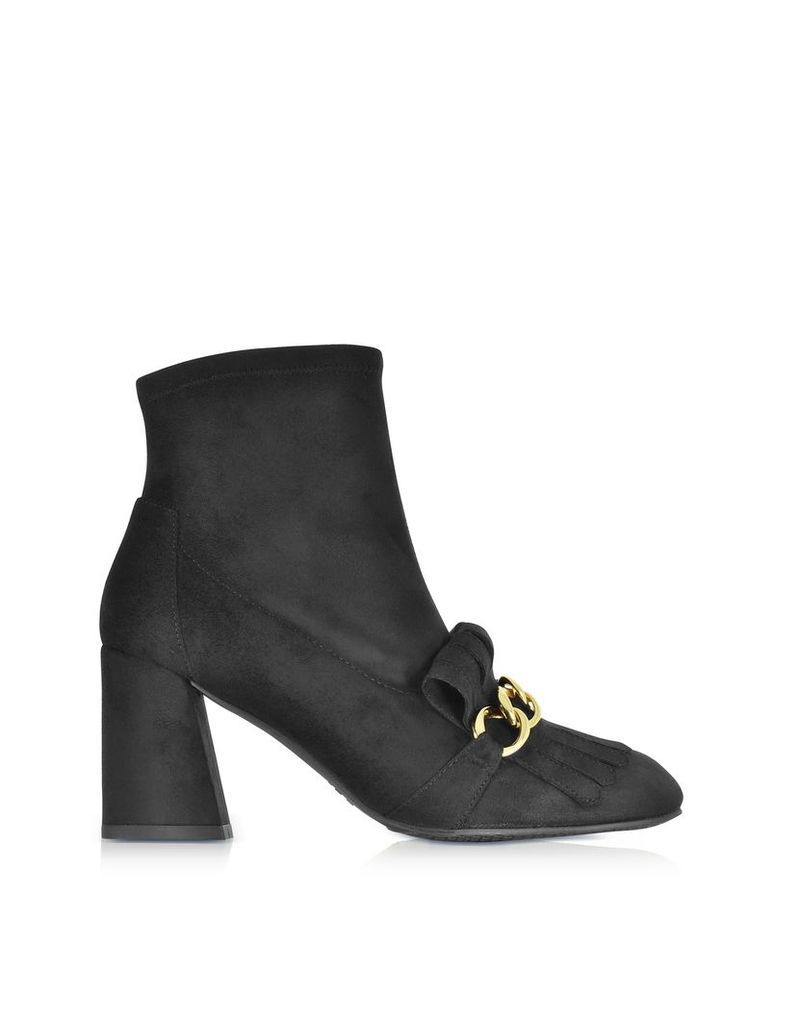 Stuart Weitzman Shoes, Ringleader Black Ultra Stretch Suede Heel Boots w/Fringes and Golden Chain