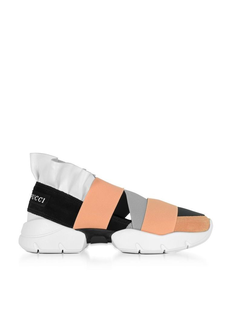 Emilio Pucci Shoes, Multi White, Black and Peach Suede and Leather Ruffle Sneakers