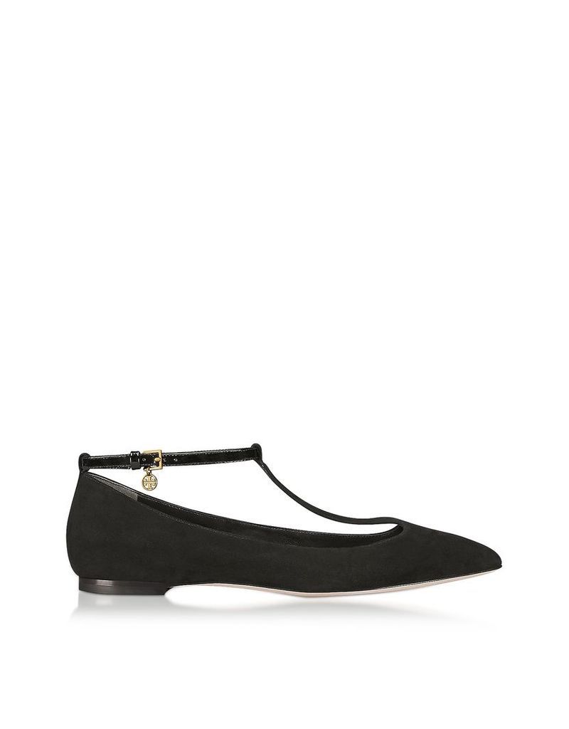 Tory Burch Shoes, Black Suede Ashton T-Strap Flat Ballerina