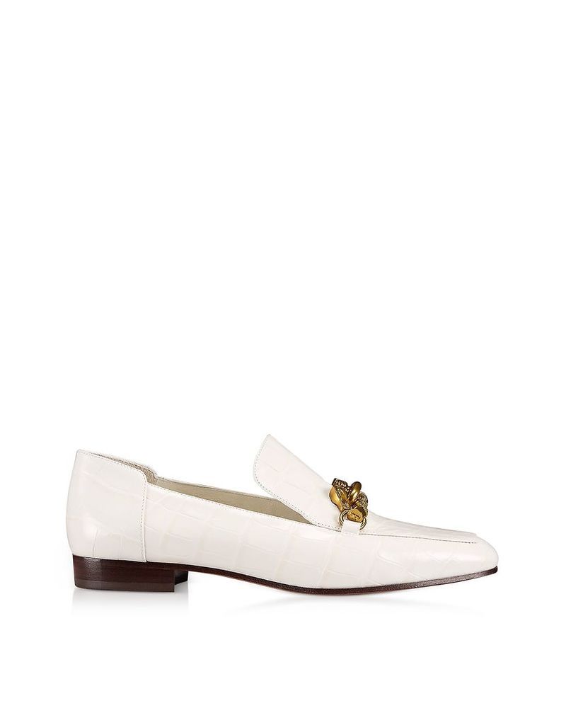 Tory Burch Shoes, Jessa White Croco Embossed Leather Loafers w/Goldtone Horse Hardware