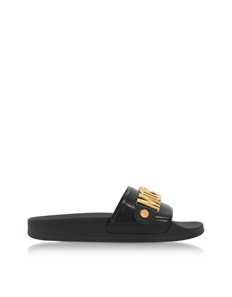 Moschino Shoes, Black Pool Slider Sandals w/Golden Metal Signature Logo
