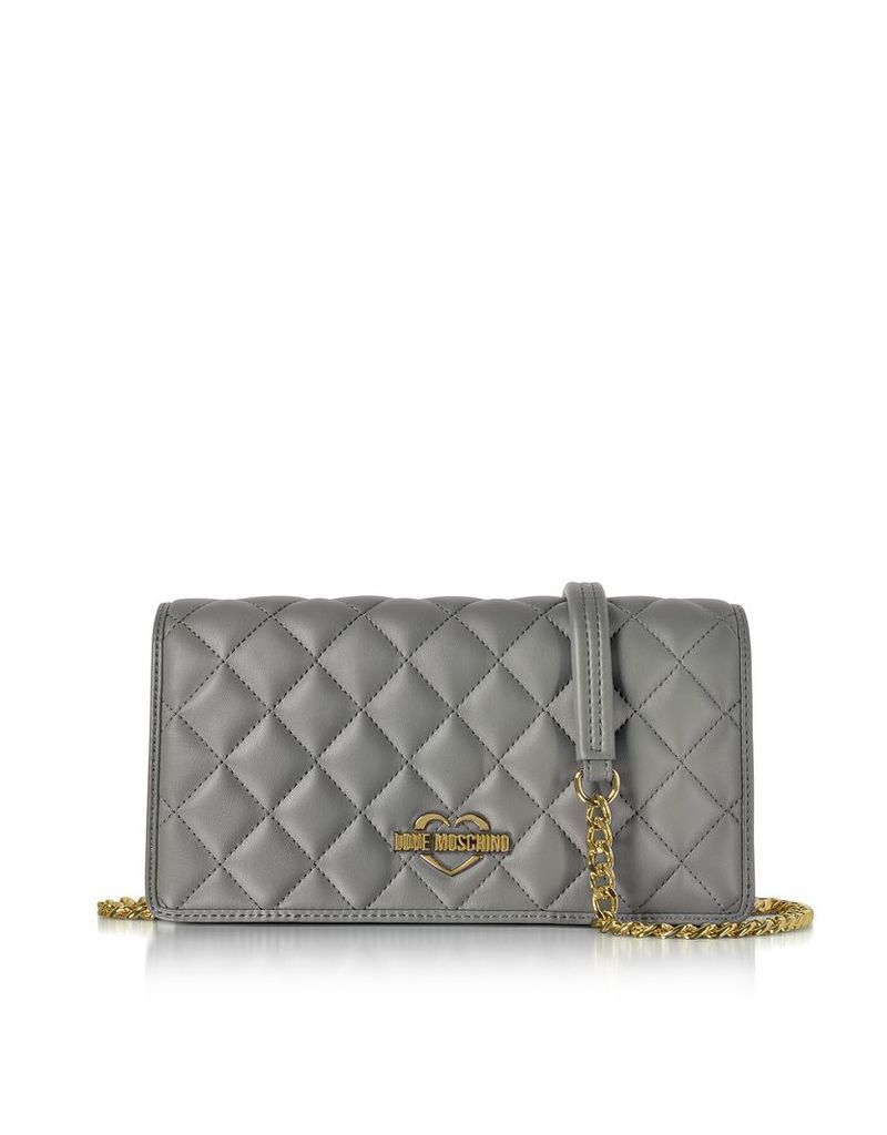Love Moschino Handbags, Grey Superquilted Eco-Leather Clutch w/Shoulder Strap