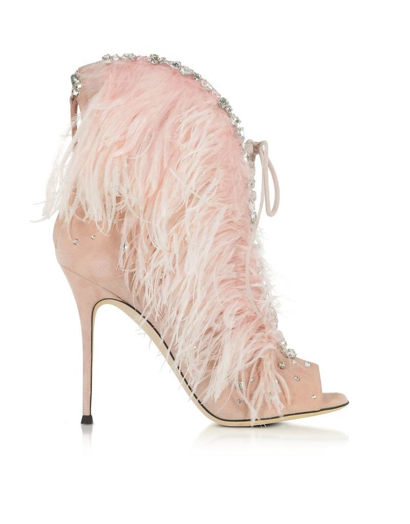 Giuseppe Zanotti Shoes, Charleston Pink Suede and Feathers High Heel Sandals