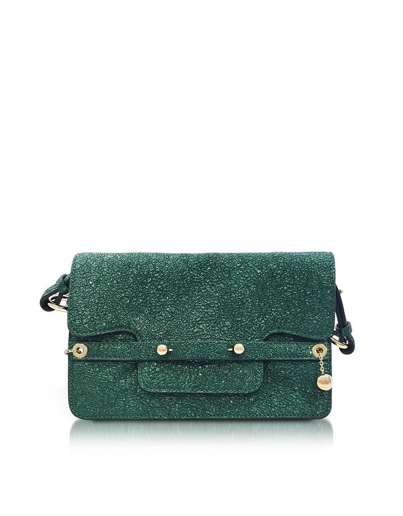 RED Valentino Designer Handbags, Dark Green Crackled Metallic Leather Flap Top Crossbody Bag