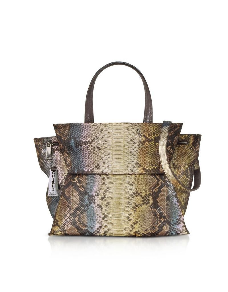 Ghibli Designer Handbags, Brown Paillette Python Leather Satchel Bag w/Shoulder Strap