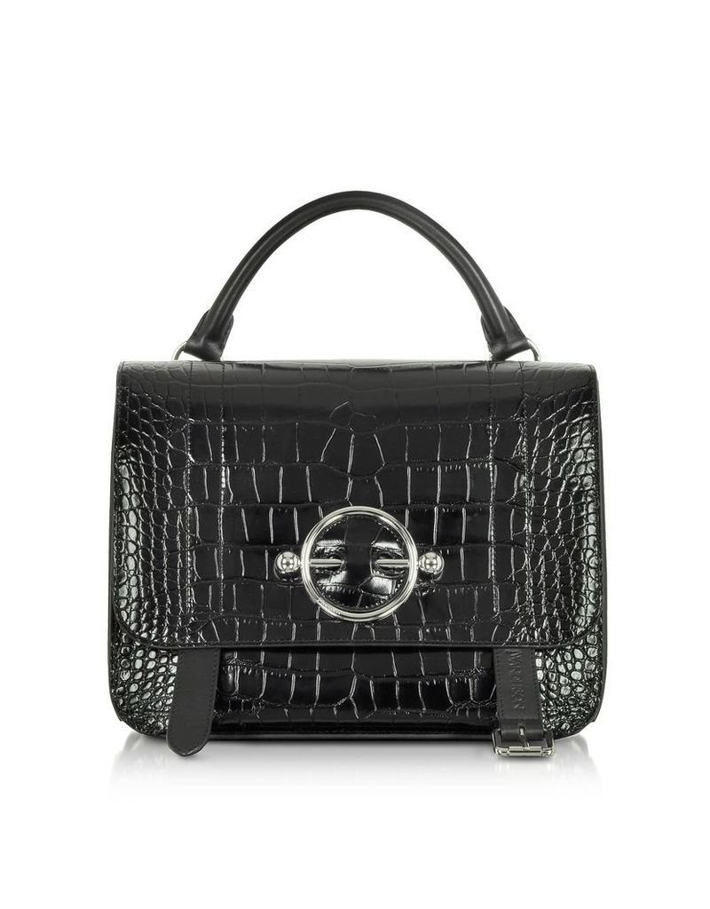 JW Anderson Designer Handbags, Black Croco Embossed Leather Disc Satchel Bag
