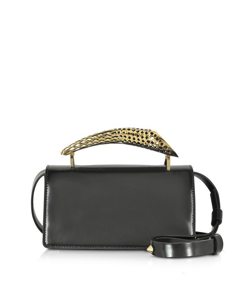 Designer Handbags, Black Glossy Leather Mini Shoulder Bag w/Gold Brass Mini Horn