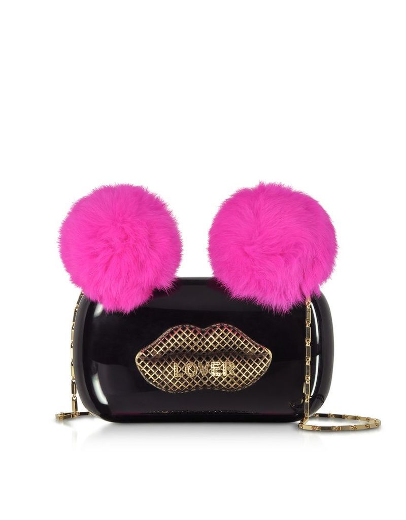 Designer Handbags, Black Plexiglass Lover Clutch w/Pink Fur Pompoms