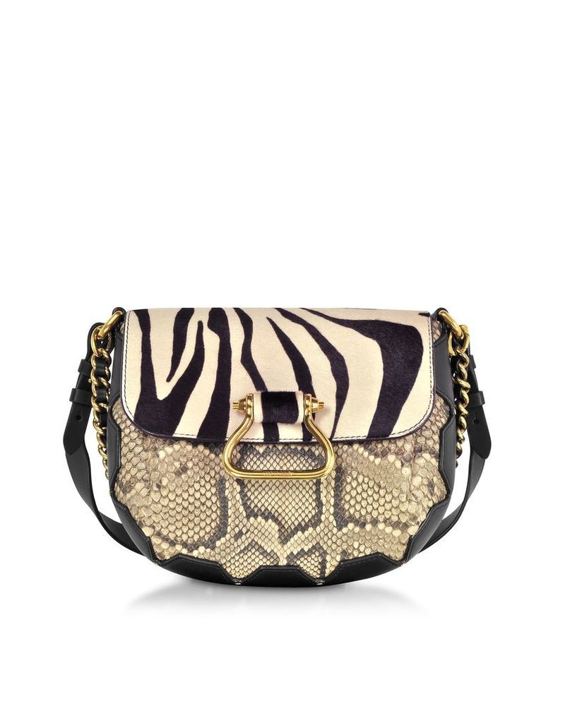 Roberto Cavalli Designer Handbags, Black/Alabaster Zebra Pony Hair and Gold Python Medium Shoulder Bag