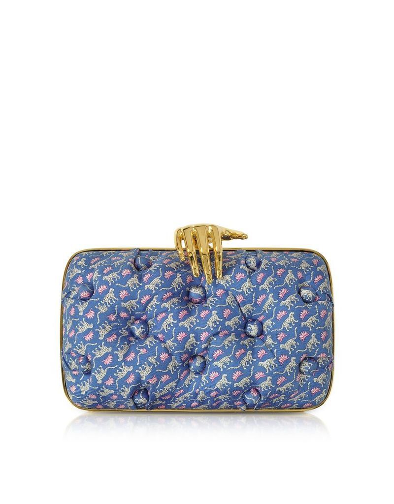 Benedetta Bruzziches Designer Handbags, Leopards Printed Blue Satin Silk Carmen Clutch w/ Golden Hand