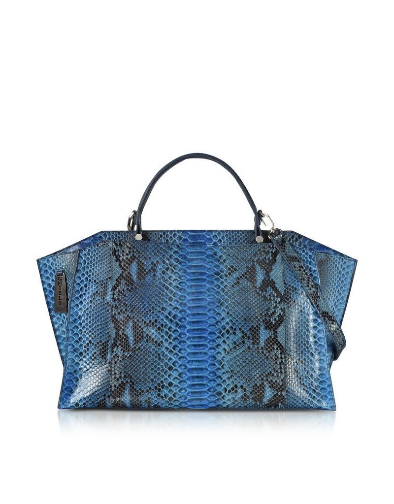 Ghibli Designer Handbags, Deep Blue Python Leather Large Satchel Bag