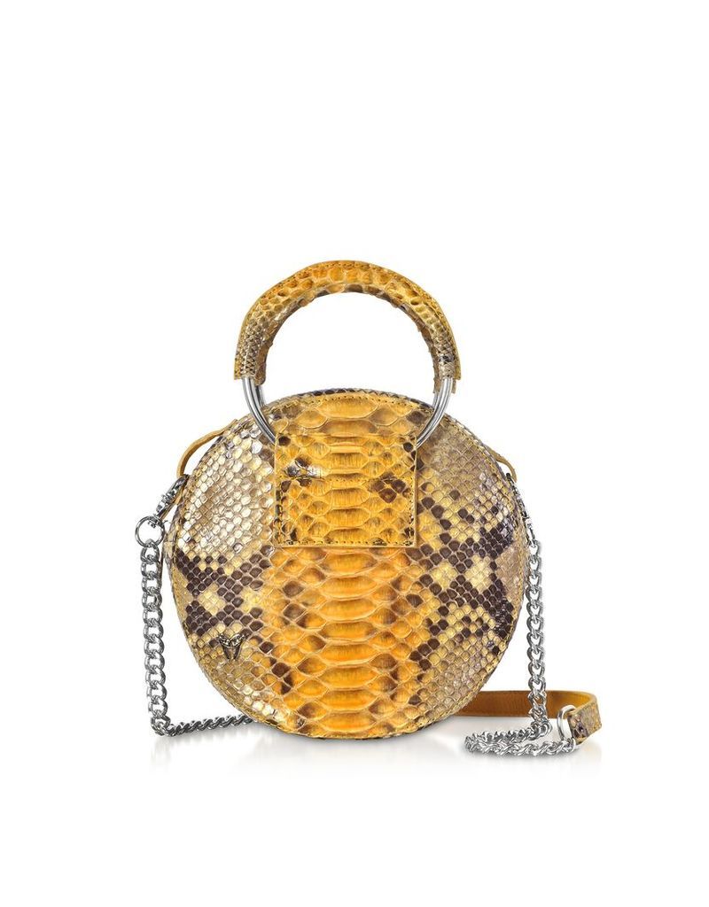Ghibli Designer Handbags, Saffron Yellow Python Round Crossbody Bag w/Metal Handles