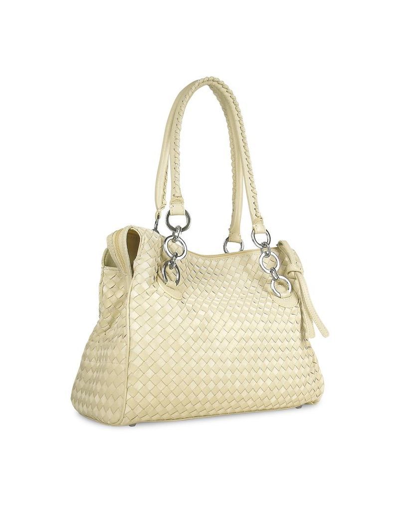 Fontanelli Designer Handbags, Ivory Woven Italian Suede & Leather Satchel Bag
