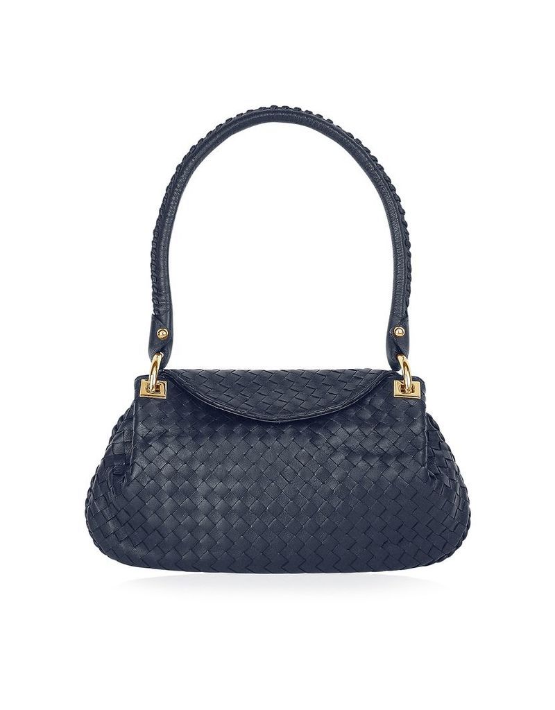 Designer Handbags, Dark Blue Woven Italian Leather Flap Shoulder Bag