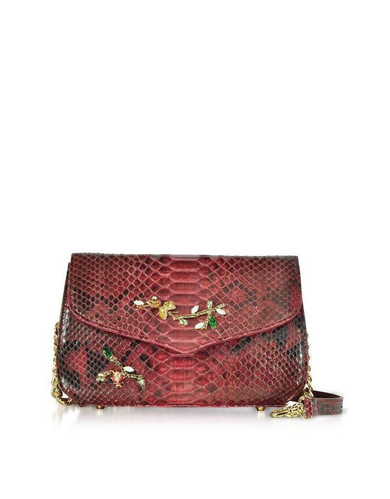 Designer Handbags, Ruby Red Python Leather Medium Shoulder Bag w/Crystals