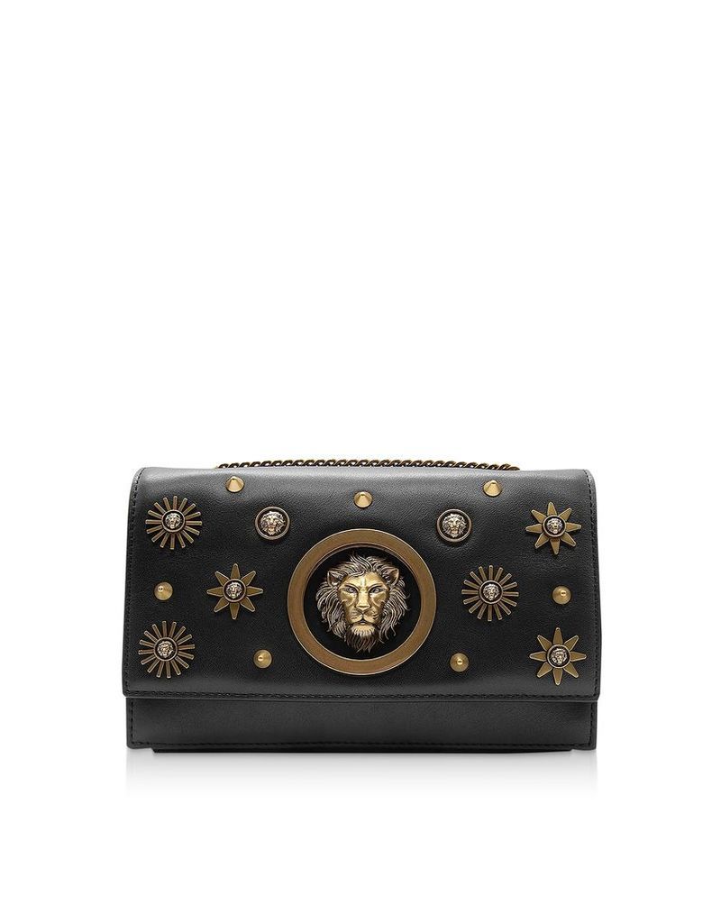 Versace Versus Designer Handbags, Black Leather Heritage Stud Shoulder Bag w/Antique Gold Lion and Stars