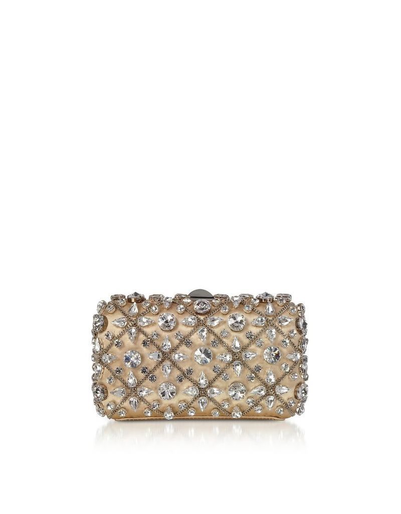 Rodo Designer Handbags, Light Gold Satin Tresor Clutch w/Crystals and Chain